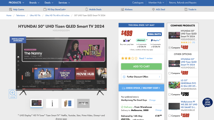 The Good Guys: HYUNDAI 50″ UHD Tizen QLED Smart TV 2024 (H50UHDQLDZEN) – $499